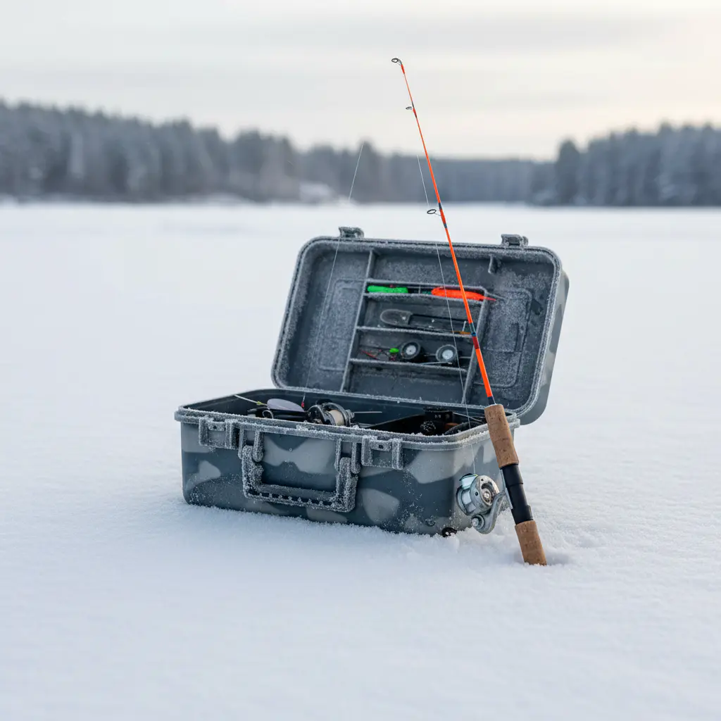 Winter fishing tackle box and ice rod