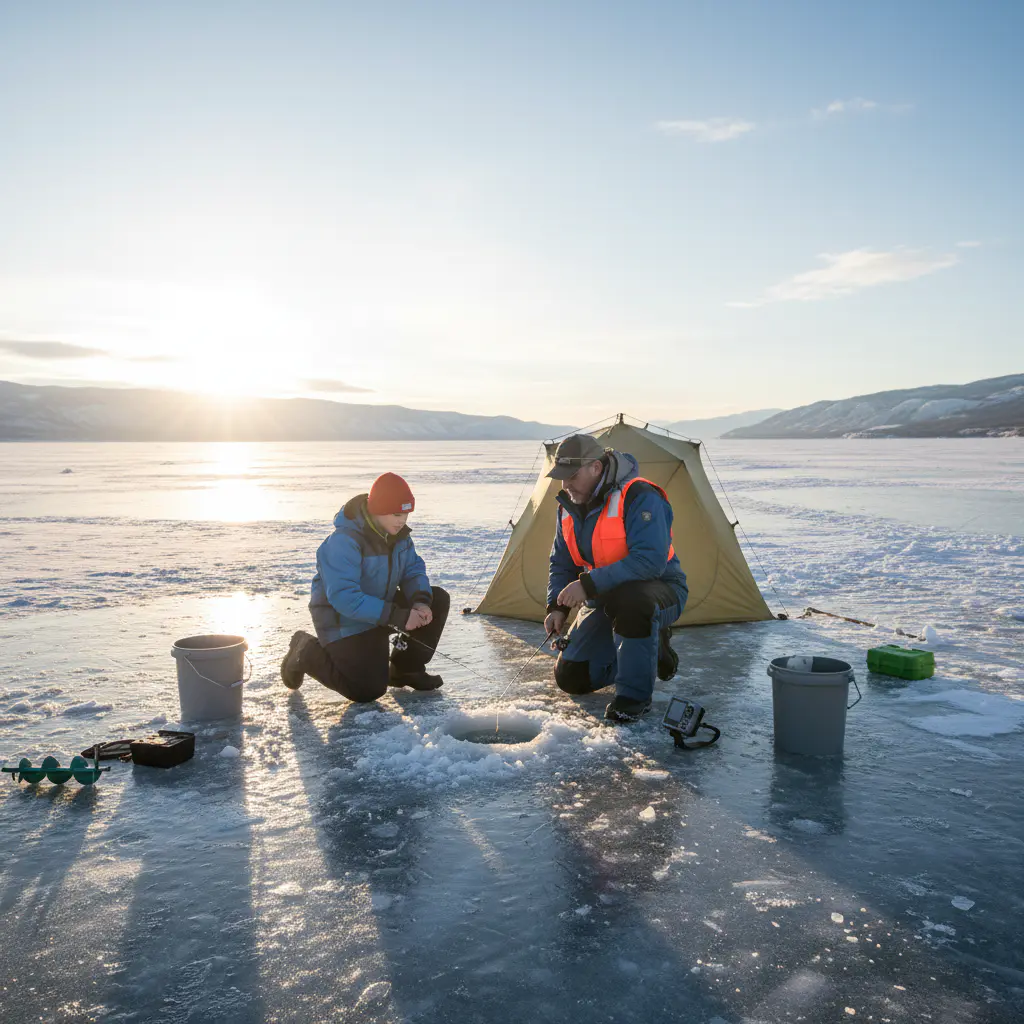 Professional fishing instructor teaching a student on a bright frozen lake