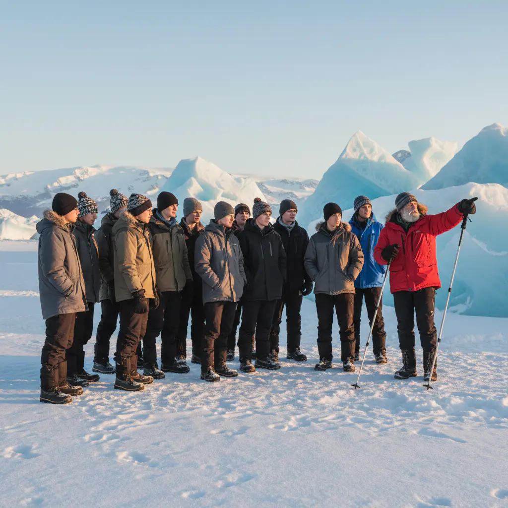 Group of students in winter clothing listening to an expert on the ice